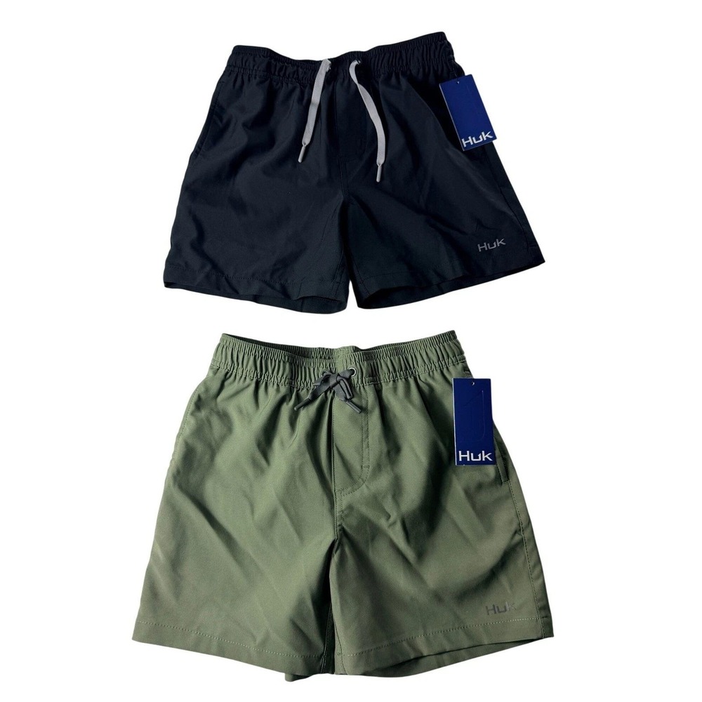 Lot of 2 Huk Boys Pursuit Volley Fishing Shorts Black & Green Youth Medium NWT